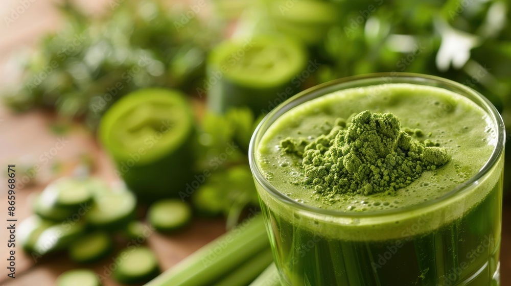 Green vegetable smoothie with powder on the side, healthy drink, easy nutrition Green vegetable smoothie with powder on the side, healthy drink, easy nutrition