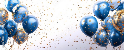 Blue and Gold Confetti Balloons Floating in White Background