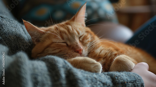 A ginger cat peacefully sleeps in the lap of a person, enjoying the warmth and comfort. © PNG FOR YOU