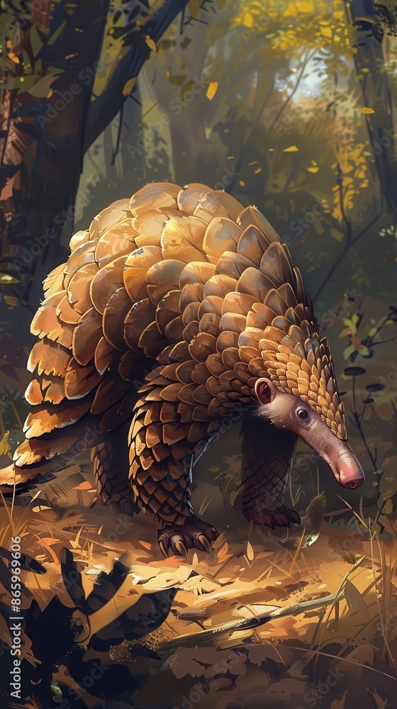 Fototapeta premium A Pangolin walks through a dense jungle