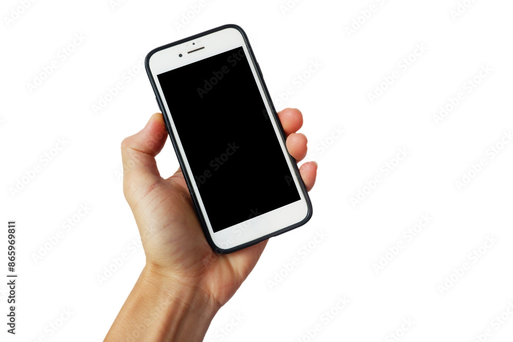 Man's hand holding a smartphone shown on a white background. Man's hand holding a smartphone shown on a white background.