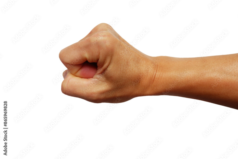 Man's hand clenching a fist, extending a punch on a white background. Man's hand clenching a fist, extending a punch on a white background.