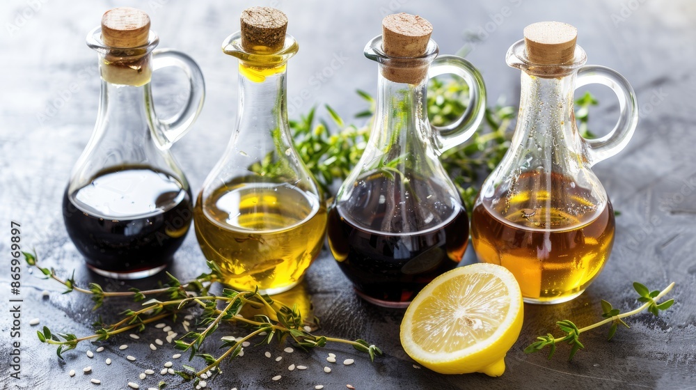 Ingredients for making salad dressing olive oil vinegar balsamic or soy sauce lemon thyme in glass and steel containers Ingredients for making salad dressing olive oil vinegar balsamic or soy sauce lemon thyme in glass and steel containers