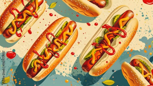 Classic retro hotdog poster, celebrating National Hotdog Day with detailed vintage illustrations of hot dogs, ketchup, and mustard, vibrant and nostalgic photo