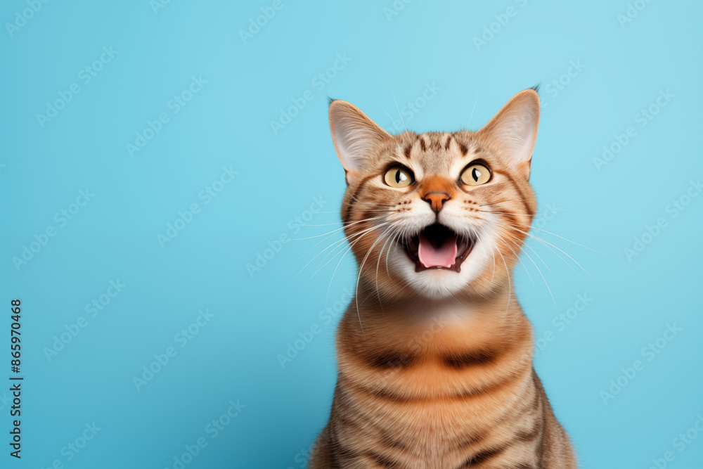 A yellow short haired cat on a blue background. A yellow short haired cat on a blue background.