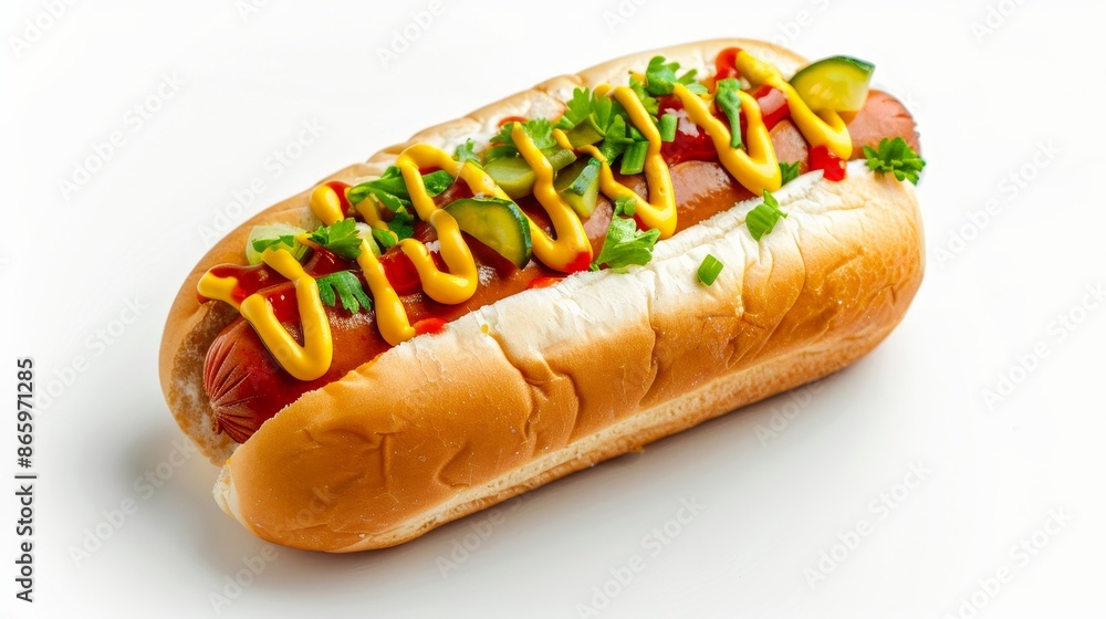 custom made wallpaper toronto digitalDelicious hot dog with pickled cucumbers, mustard drizzle, warm and soft bun, highly detailed, visually enticing and mouthwatering