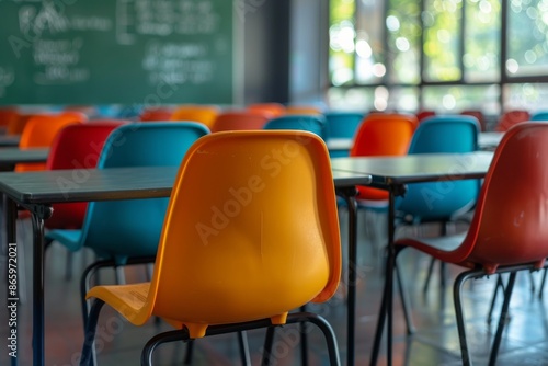 Empty Classroom Chairs Facing Green Chalkboard in Sunlight