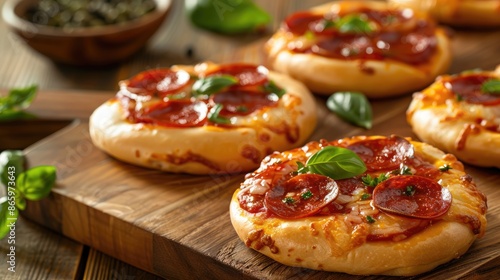 Homemade Mini Pizzas with Pepperoni and Fresh Ingredients on Wooden Background