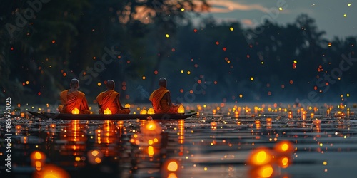 Inexperienced monk ignites paper lanterns on the significant Thai festival, Loi Krathong or Loy Krathong.