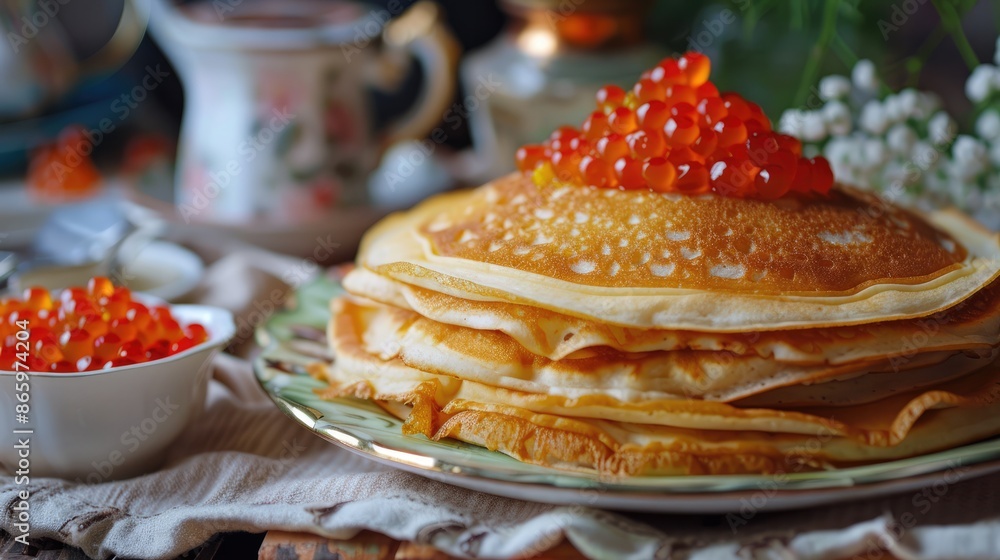 A stack of pancakes with red caviar on the table. A healthy breakfast. A delicious traditional dish on a dark background. A stack of pancakes with red caviar on the table. A healthy breakfast. A delicious traditional dish on a dark background.