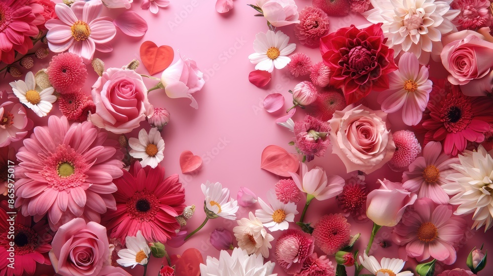 Valentine s Day theme with flowers on pink background Valentine s Day theme with flowers on pink background