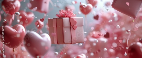 Pink Heart Balloons Float Over Gift Boxes With Glitter