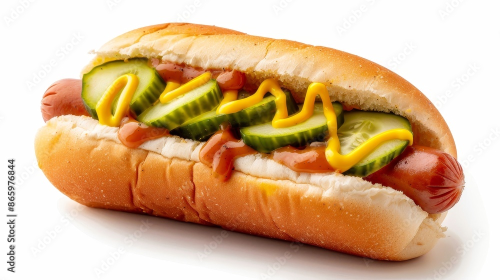 Hot dog garnished with pickled cucumbers and mustard, close-up view, detailed textures, warm and fresh, delicious and inviting Hot dog garnished with pickled cucumbers and mustard, close-up view, detailed textures, warm and fresh, delicious and inviting