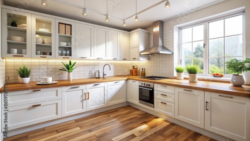 Bright and airy newly renovated small kitchen features white wooden cabinets, wooden countertop with splashbacks, and modern appliances.