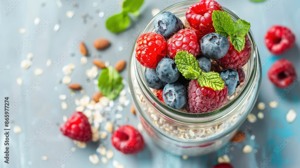 Fresh Berries and Oats in Mason Jar on Blue Background