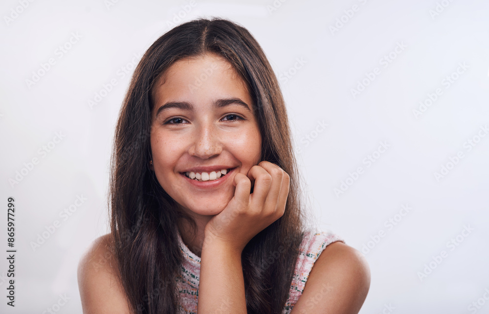 Happy girl, teen and portrait for natural beauty in studio, pigmentation and confidence for melanin. Female person, smile and proud of skin on white background, mockup space and freckles for wellness Happy girl, teen and portrait for natural beauty in studio, pigmentation and confidence for melanin. Female person, smile and proud of skin on white background, mockup space and freckles for wellness