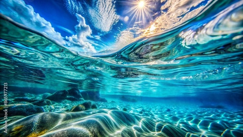 Vibrant blue water showcases dynamic movement, capturing fluid energy and aquatic vitality in a mesmerizing, Close-up underwater scene.