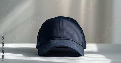 A Dark Blue Baseball Cap Resting on a White Surface Near a Window
