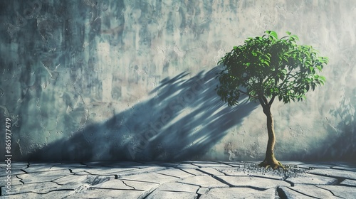 Embrace challenges and think big for growth in life or business. A new sprout in cracked concrete symbolizes recovery and growth, casting a shadow of a big tree, even amid an economic crisis. photo