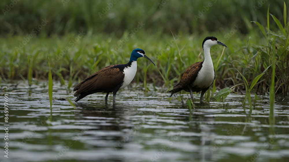 Pheasant-Tailed Jacanas in a pond Pheasant-Tailed Jacanas in a pond