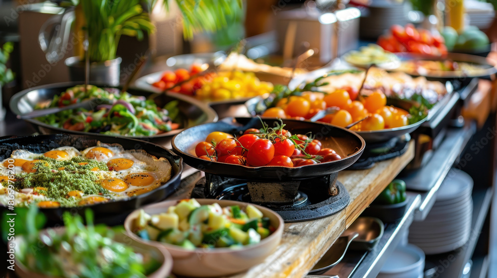 Vibrant breakfast buffet with assorted fresh vegetables, eggs, salads, and cherry tomatoes in a rustic setting Vibrant breakfast buffet with assorted fresh vegetables, eggs, salads, and cherry tomatoes in a rustic setting
