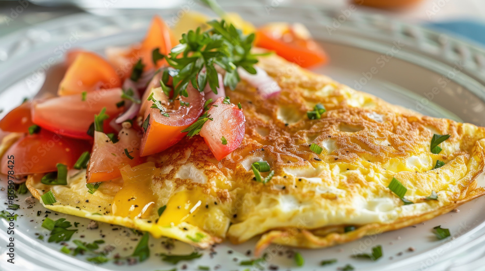Fresh vegetable omelette with tomatoes, herbs, and parsley on a white ceramic plate Fresh vegetable omelette with tomatoes, herbs, and parsley on a white ceramic plate