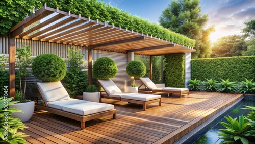 Serene outdoor oasis featuring lush hedges, ornamental plants, and slatted hardwood floors alongside twin wooden sunbeds under white awnings. © DigitalArt Max