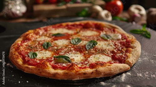 Wallpaper Mural Ideal Setting for Culinary Concepts Handcrafted Margherita Pizza on Dark Granite with Various Toppings Torontodigital.ca