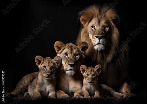 Lion Family Portrait In Dark Setting