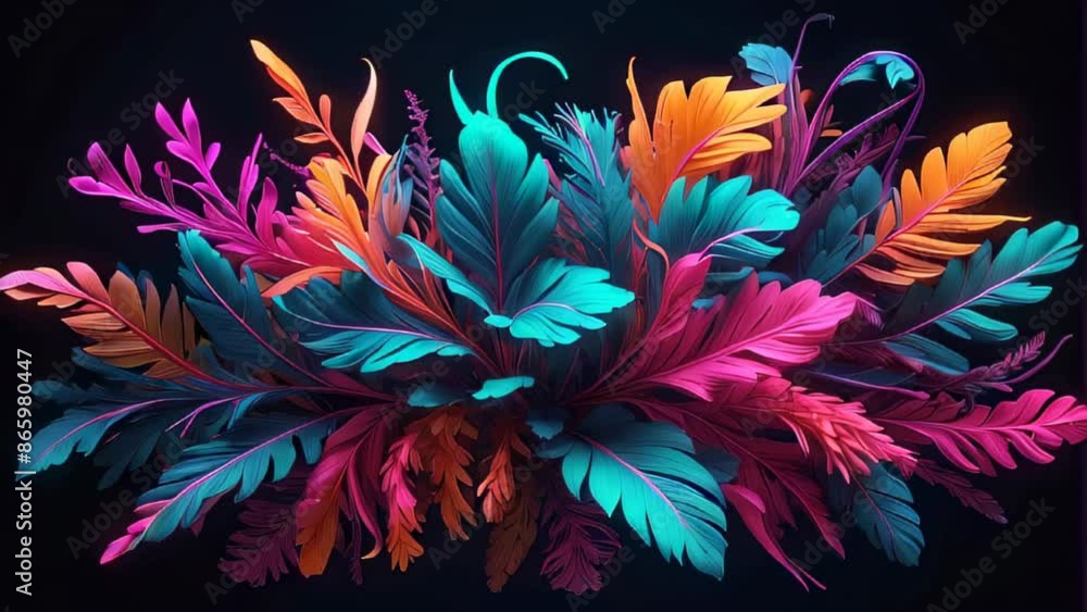 Close-up of blue, orange, and pink leaves against a black background Close-up of blue, orange, and pink leaves against a black background