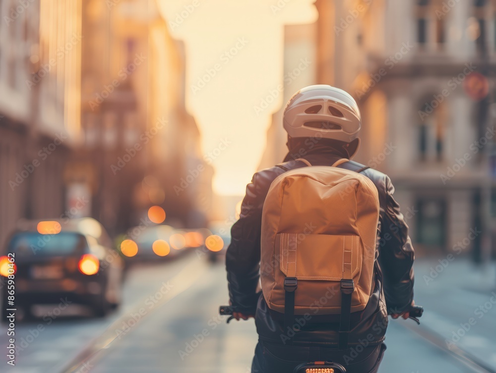 Fototapeta premium Person wearing a helmet and backpack riding a bicycle in an urban city street during sunset, with blurred cars in the background.