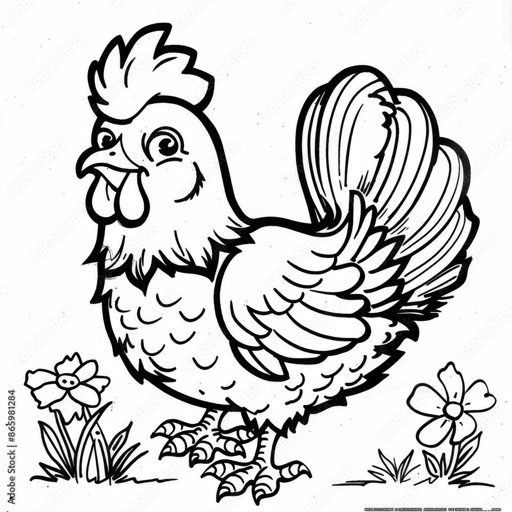 Obraz premium Black and white cartoon chicken in a garden with flowers, perfect for kids' coloring activities and educational purposes.