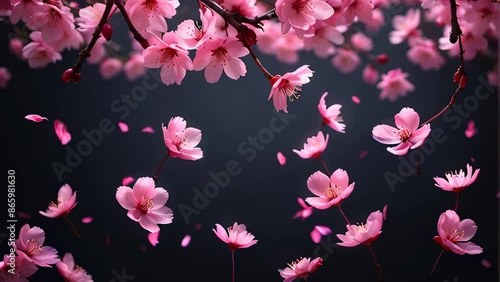 Beautiful pink cherry blossoms falling gracefully against a dark background