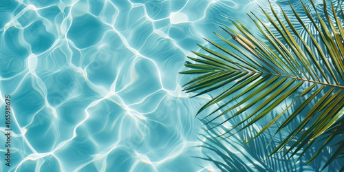 Water and sand surface with tropical palm leaves shadow. Green palm leaf shadow on white sand beach of an ocean shore. Tropical background for summer vacation at the beach. Calm sea, perfect vacation