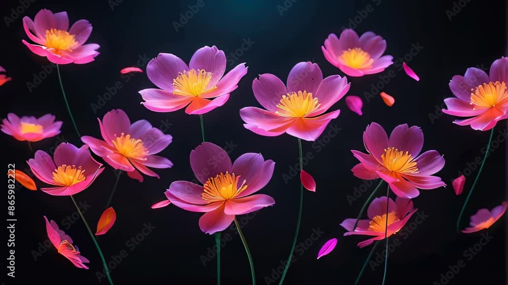 Beautiful pink flowers bloom in the night with yellow centers, surrounded by a dark background Beautiful pink flowers bloom in the night with yellow centers, surrounded by a dark background