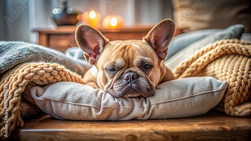 Adorable old French bulldog sprawls asleep on cozy bed surrounded by soft pillows and plush blankets in warm sunlight. photo