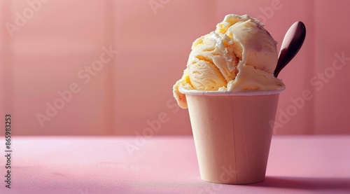 Vanilla Ice Cream in Paper Cup With Spoon on Pink Tabletop