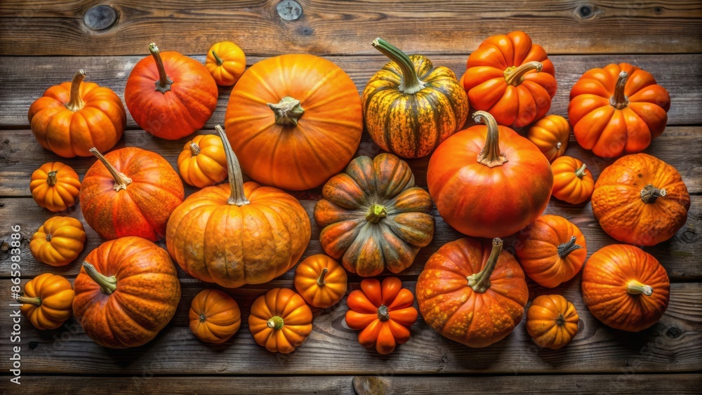 Vibrant orange pumpkins of various shapes and sizes artfully arranged on a rustic, weathered wooden background with autumnal appeal. Vibrant orange pumpkins of various shapes and sizes artfully arranged on a rustic, weathered wooden background with autumnal appeal.