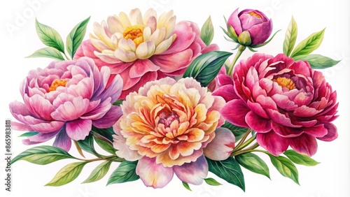 Delicate watercolor peony flowers with soft petals and bold colors beautifully arranged on a clean white background isolated.