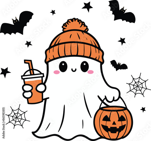 Adorable Bougie Ghost with Iced Coffee | Cute Halloween SVG | Spooky Summer Vibes | Kids Halloween Shirt | Sticker | Mug | Sublimation Design | Cartoon Ghost | Pumpkin Basket | Bats | Spiderweb