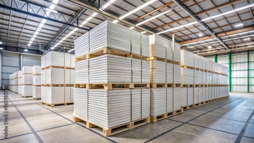 Rows of neatly stacked white insulation panels on wooden pallets in a large, organized, and well-lit industrial storage facility.