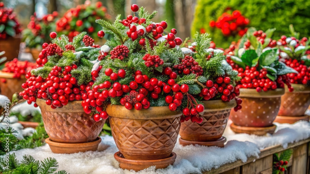 Vibrant red wintergreen berries and lush greenery overflow from elegant ceramic flowerpots, adding a touch of winter wonderland charm to any setting. Vibrant red wintergreen berries and lush greenery overflow from elegant ceramic flowerpots, adding a touch of winter wonderland charm to any setting.