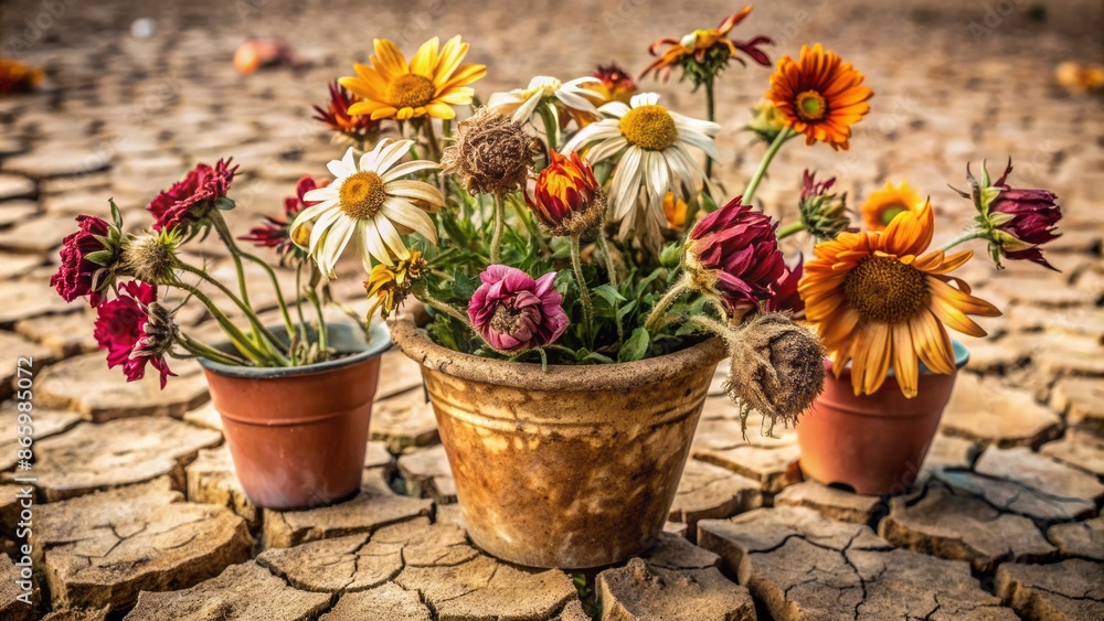 Forgotten, parched, and wilted house flowers in dusty, cracked pots, devoid of life, with dry, crumbling soil and faded petals. Forgotten, parched, and wilted house flowers in dusty, cracked pots, devoid of life, with dry, crumbling soil and faded petals.