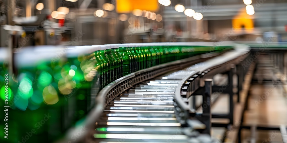 Automated Conveyor System for Packaging Green Bottled Beverages. Concept Industrial, Automation, Packaging, Green Bottled Beverages, Conveyor System Automated Conveyor System for Packaging Green Bottled Beverages. Concept Industrial, Automation, Packaging, Green Bottled Beverages, Conveyor System