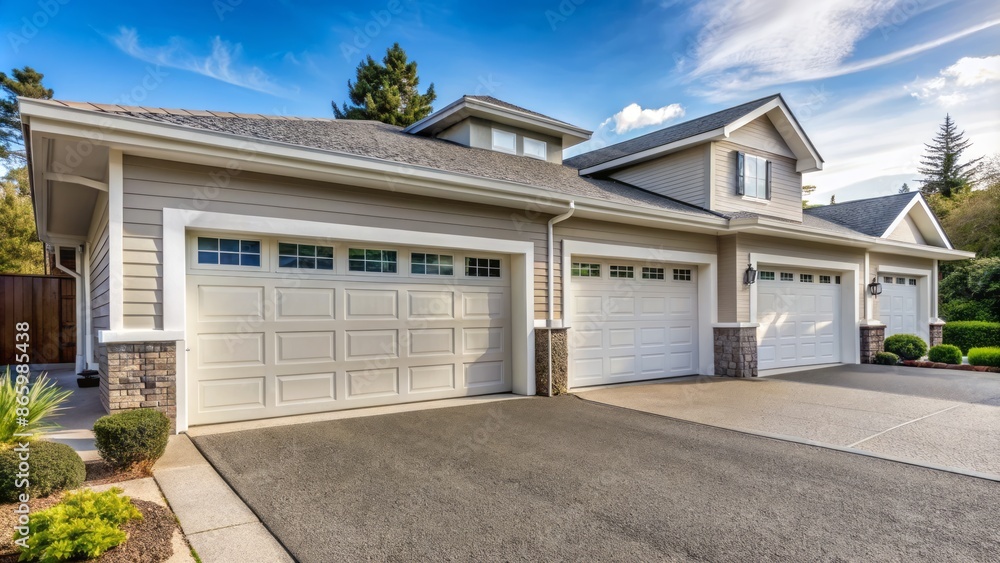 Fototapeta premium Clean, modern facade features two identical white garage doors with metallic handles, set against a tidy, asphalt-paved driveway backdrop.