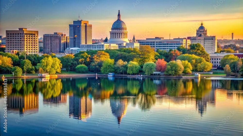 Obraz premium Panoramic sunny morning view of serene Lake Monona and Wisconsin State Capitol building surrounded by lush green trees and streets.