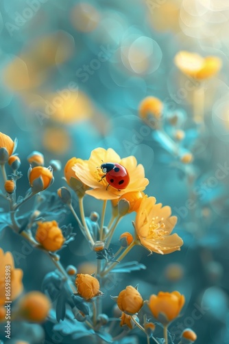 Ladybug on Yellow Flower in a Garden on a Sunny Day