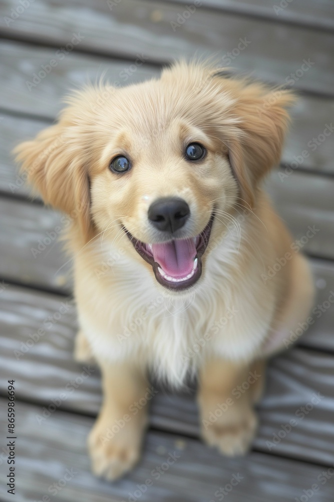 Golden Retriever Puppy Sitting on Wooden Deck Golden Retriever Puppy Sitting on Wooden Deck