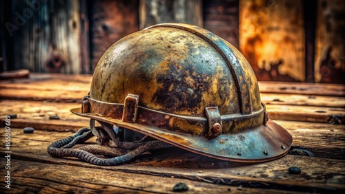 A worn, sweat-stained construction helmet covered in dust and dirt rests alone on a worn wooden surface, symbolizing hard labor.