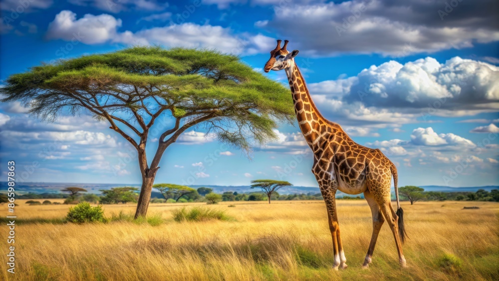 Fototapeta premium Majestic giraffe standing tall in open savannah surrounded by acacia trees under a bright blue cloudless African sky.